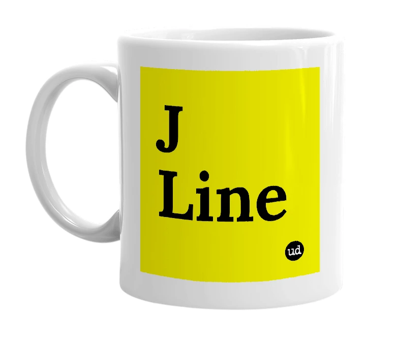 White mug with 'J Line' in bold black letters