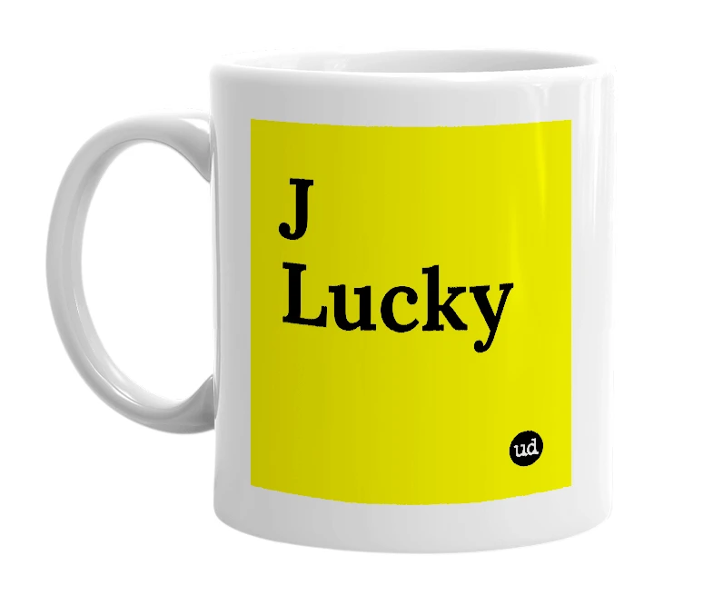 White mug with 'J Lucky' in bold black letters