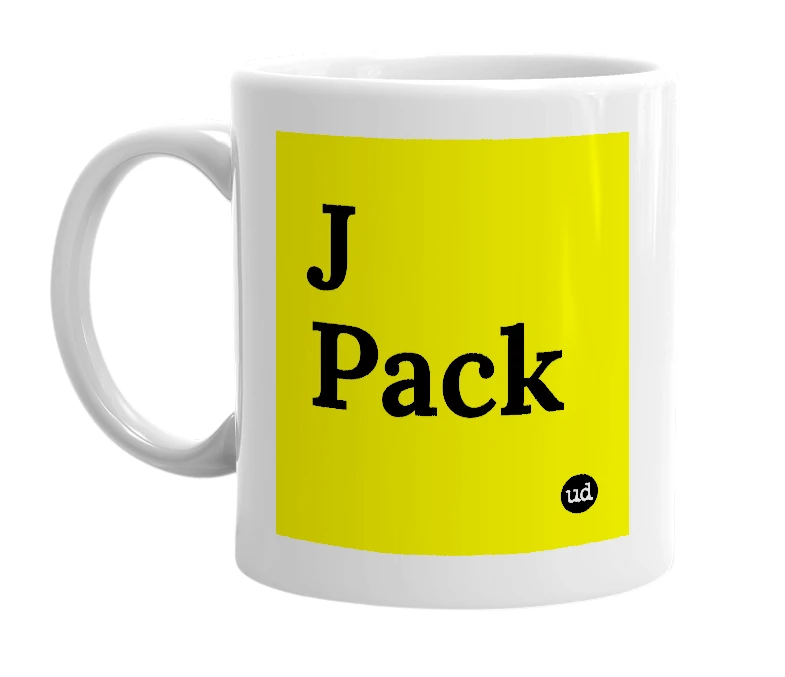 White mug with 'J Pack' in bold black letters