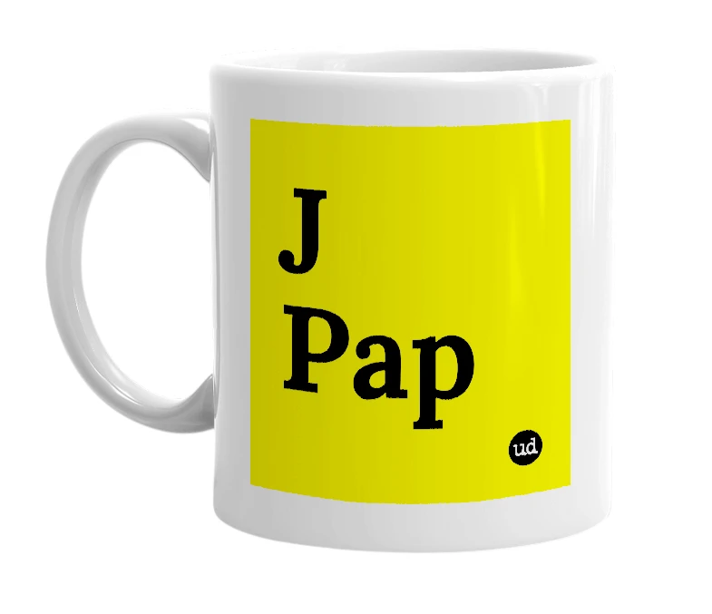 White mug with 'J Pap' in bold black letters