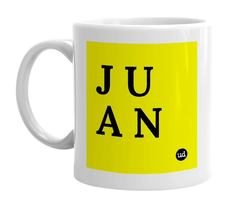 White mug with 'J U A N' in bold black letters