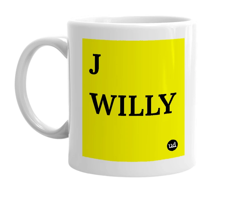 White mug with 'J WILLY' in bold black letters