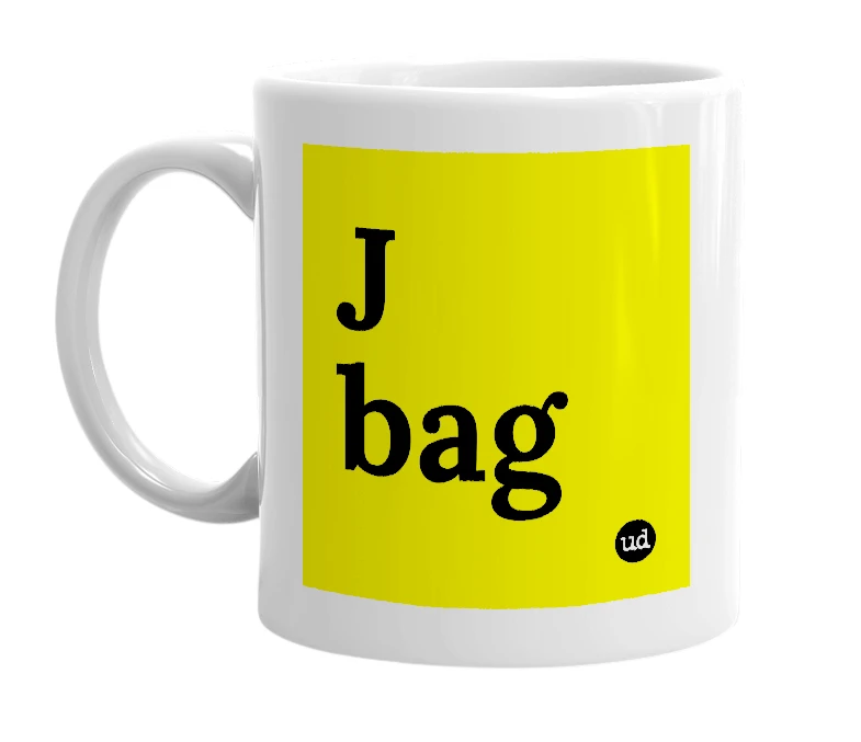 White mug with 'J bag' in bold black letters