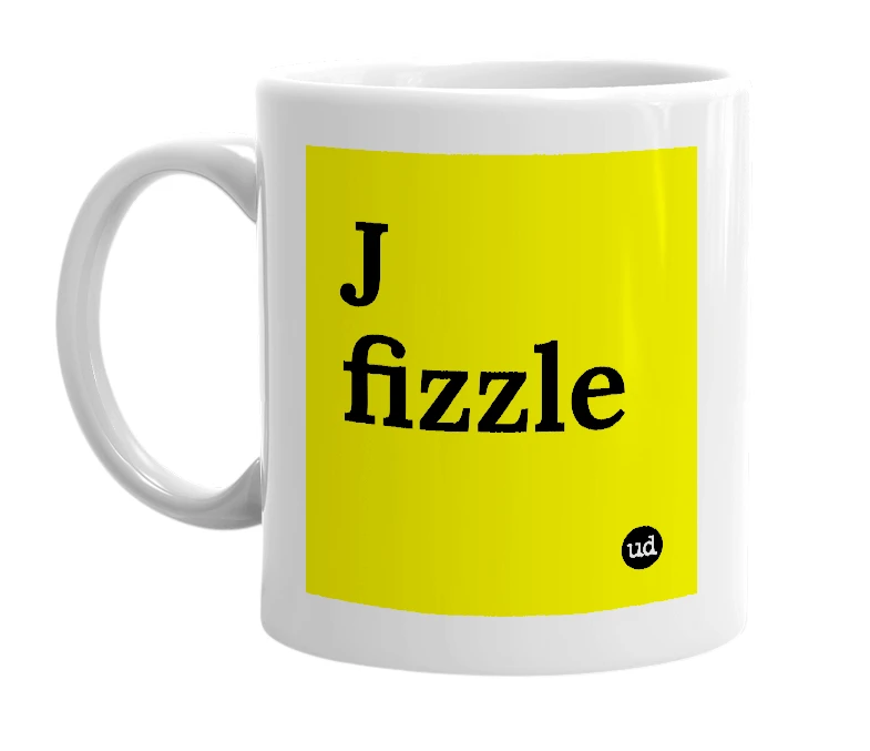 White mug with 'J fizzle' in bold black letters