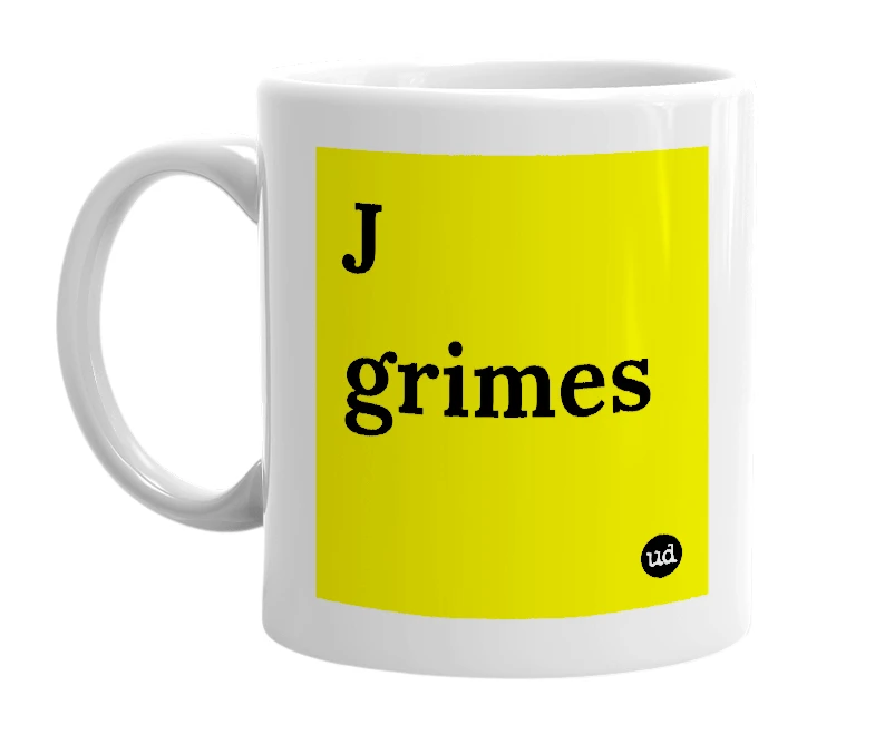 White mug with 'J grimes' in bold black letters
