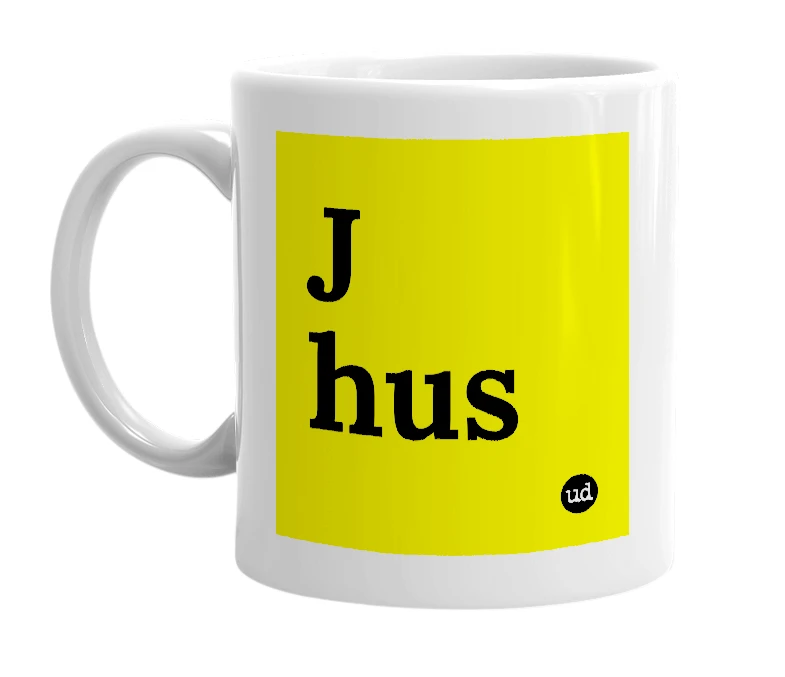 White mug with 'J hus' in bold black letters