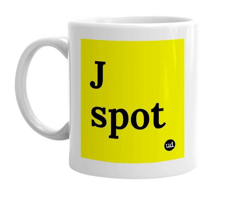 White mug with 'J spot' in bold black letters