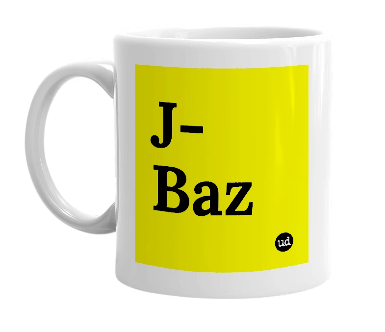 White mug with 'J-Baz' in bold black letters