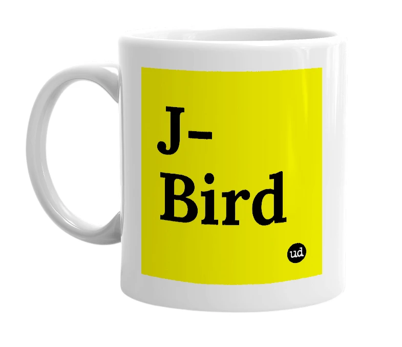 White mug with 'J-Bird' in bold black letters