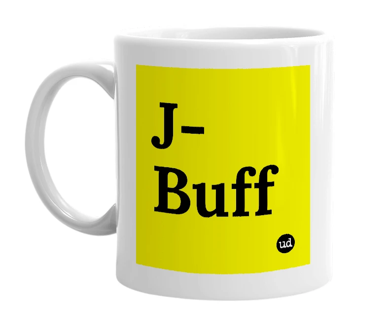 White mug with 'J-Buff' in bold black letters