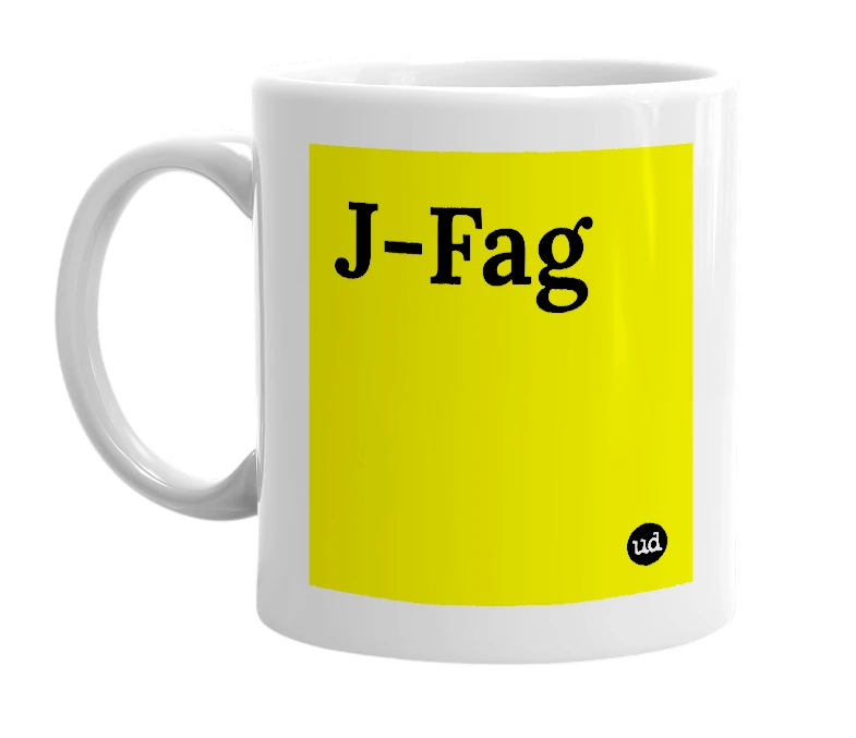 White mug with 'J-Fag' in bold black letters