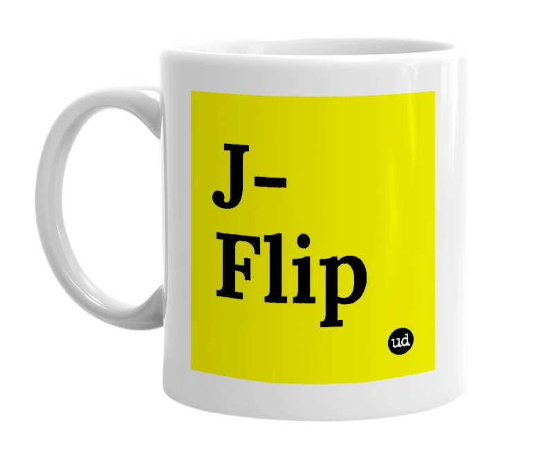 White mug with 'J-Flip' in bold black letters