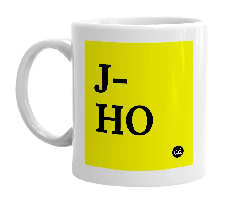 White mug with 'J-HO' in bold black letters