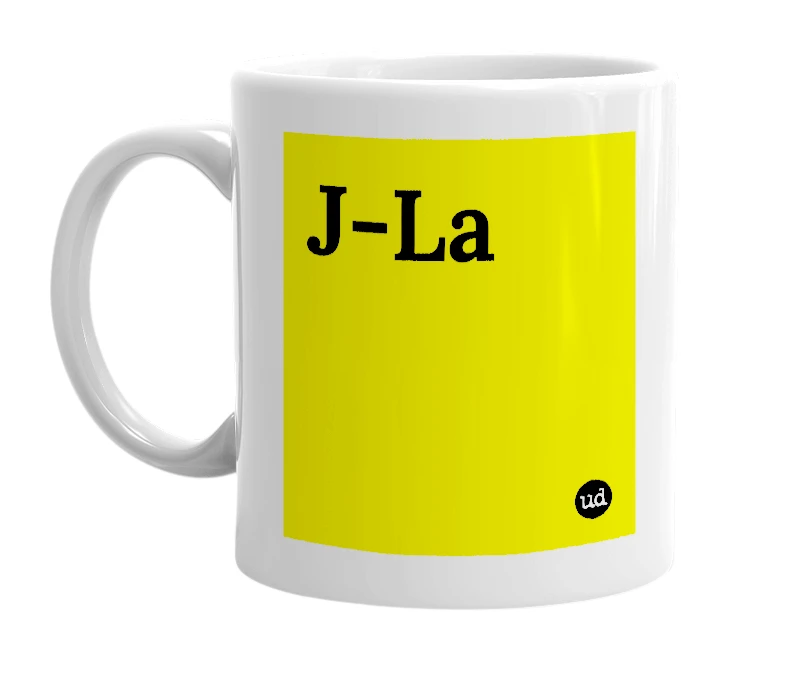 White mug with 'J-La' in bold black letters
