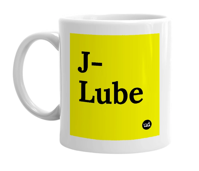 White mug with 'J-Lube' in bold black letters