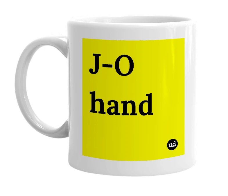 White mug with 'J-O hand' in bold black letters