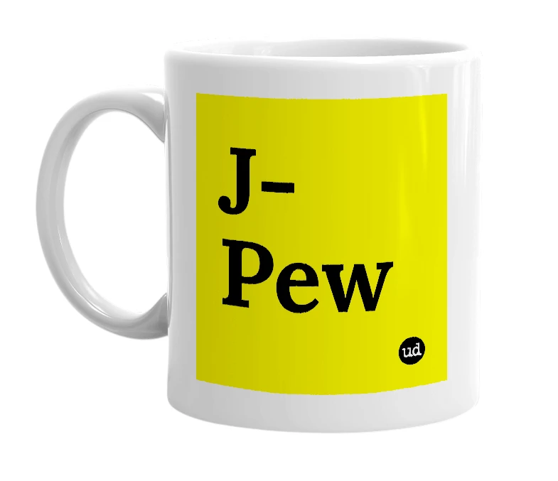 White mug with 'J-Pew' in bold black letters