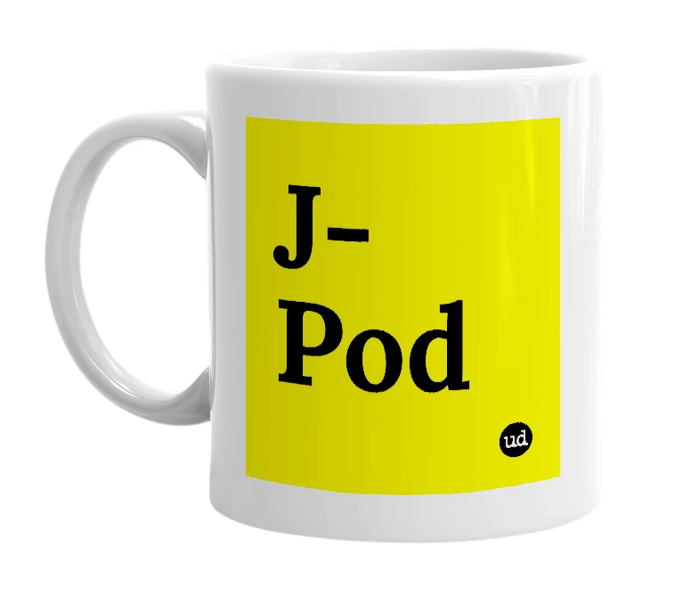 White mug with 'J-Pod' in bold black letters