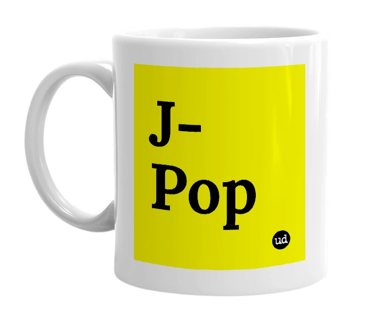 White mug with 'J-Pop' in bold black letters