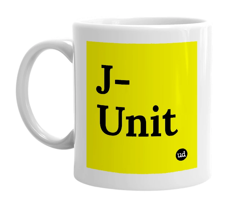 White mug with 'J-Unit' in bold black letters