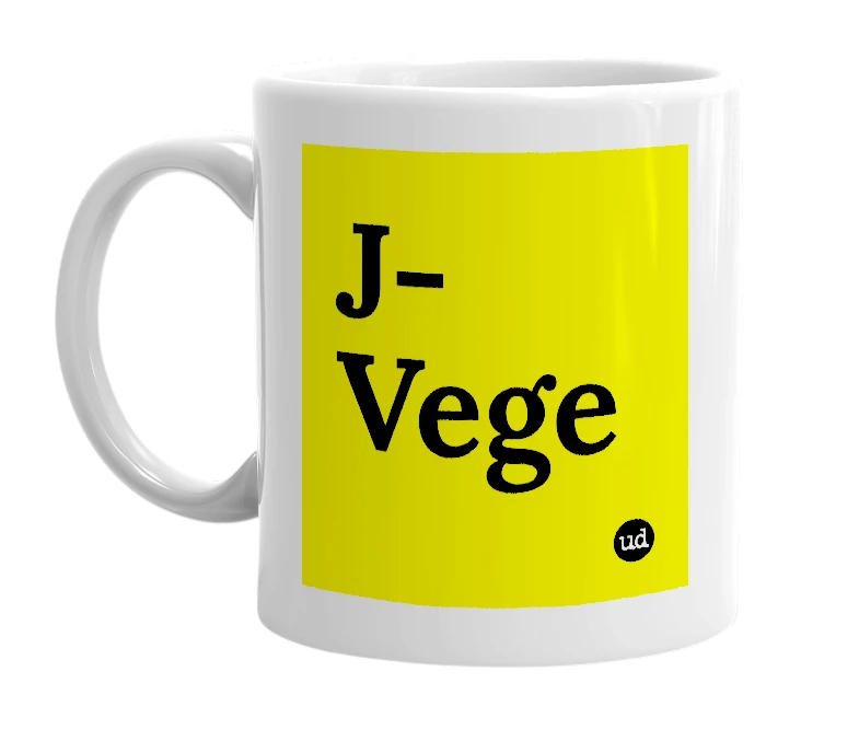 White mug with 'J-Vege' in bold black letters