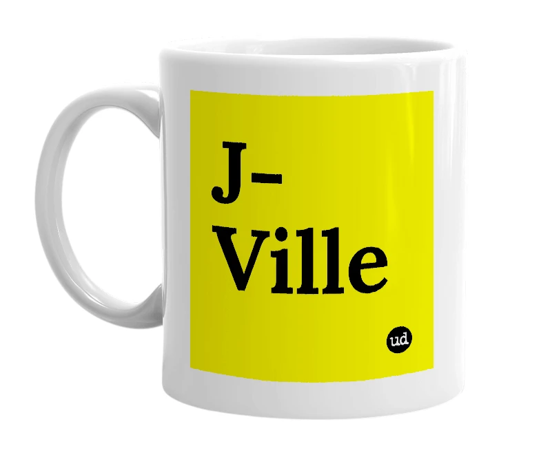 White mug with 'J-Ville' in bold black letters