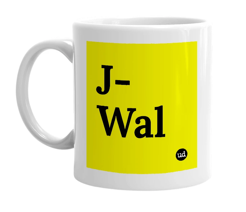 White mug with 'J-Wal' in bold black letters