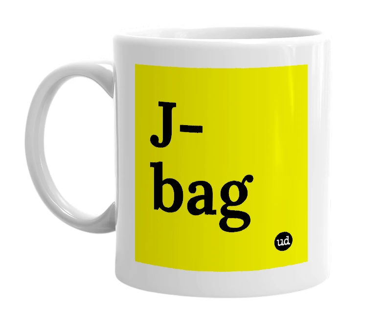 White mug with 'J-bag' in bold black letters