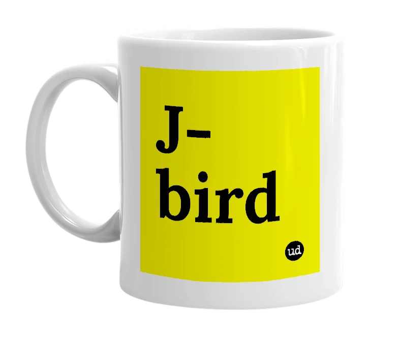 White mug with 'J-bird' in bold black letters