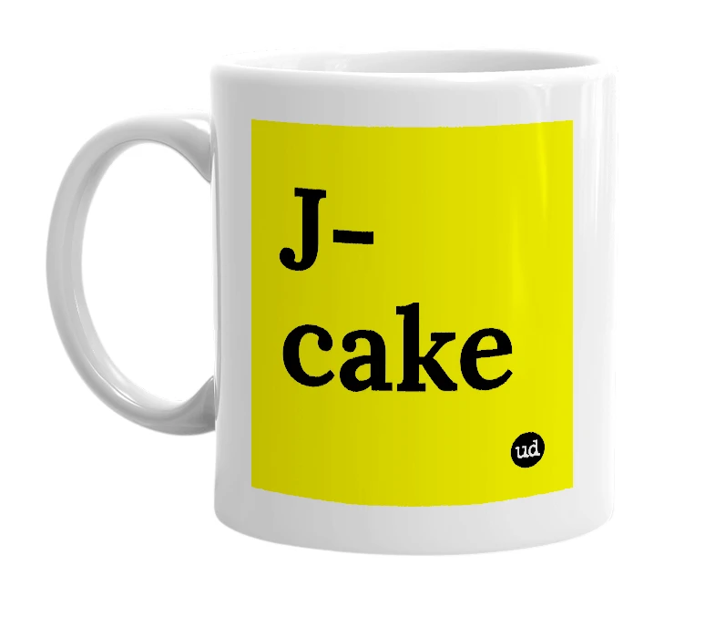 White mug with 'J-cake' in bold black letters
