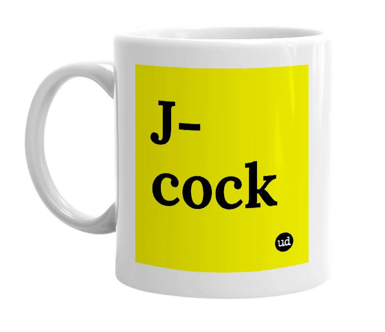 White mug with 'J-cock' in bold black letters