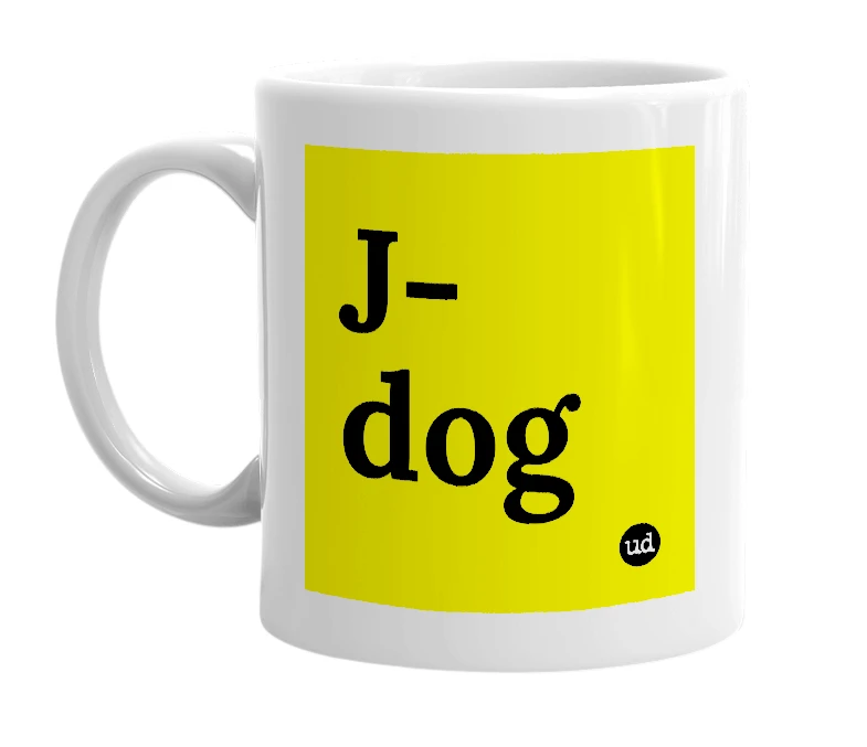 White mug with 'J-dog' in bold black letters