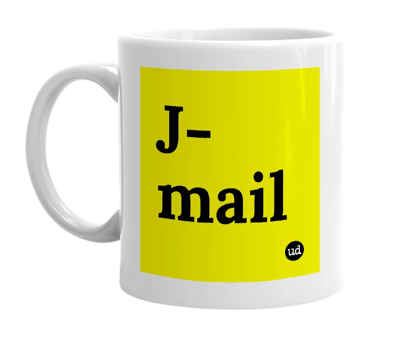 White mug with 'J-mail' in bold black letters