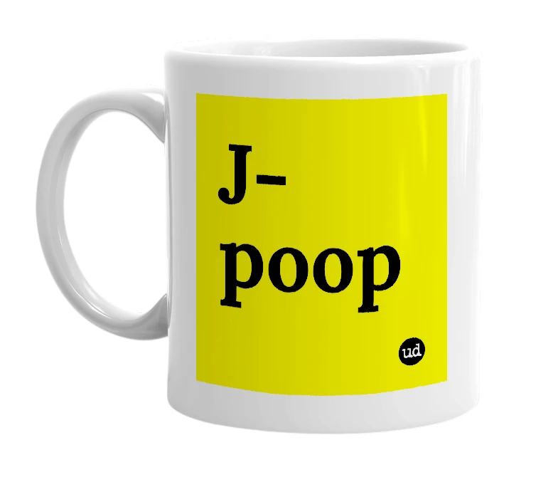 White mug with 'J-poop' in bold black letters