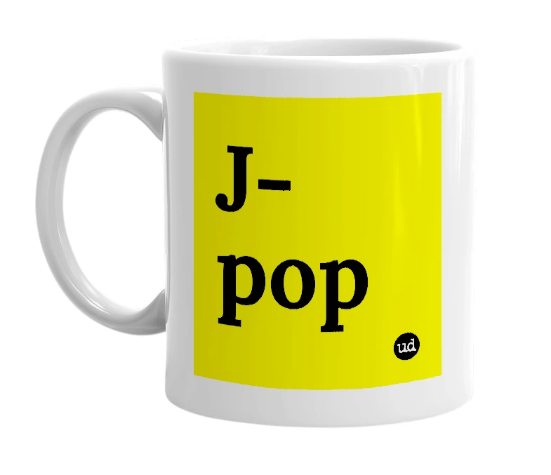 White mug with 'J-pop' in bold black letters
