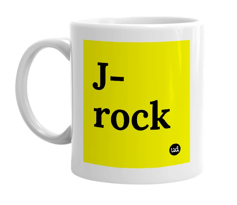 White mug with 'J-rock' in bold black letters