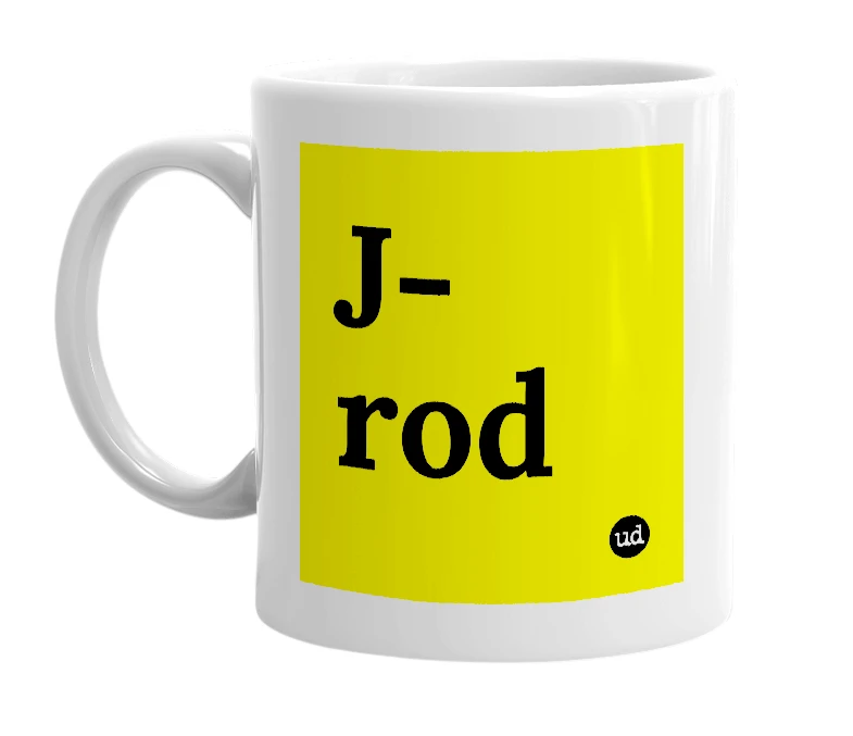 White mug with 'J-rod' in bold black letters