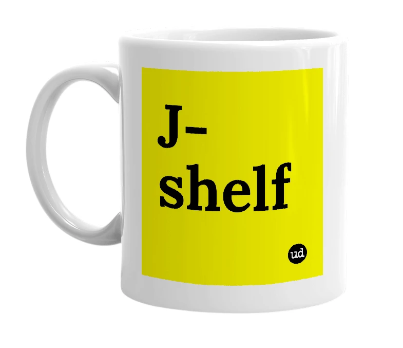 White mug with 'J-shelf' in bold black letters