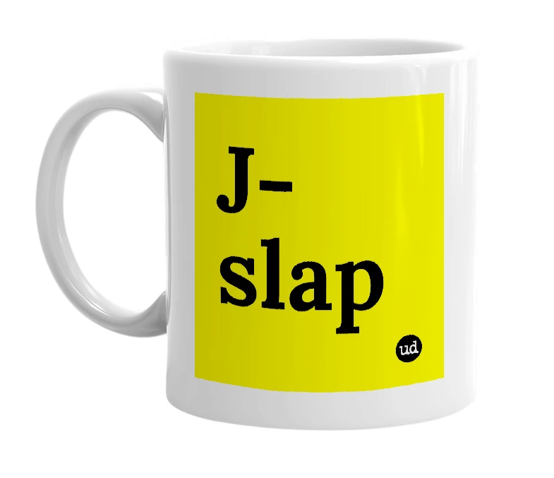 White mug with 'J-slap' in bold black letters