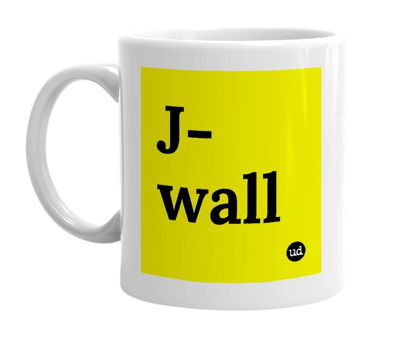 White mug with 'J-wall' in bold black letters