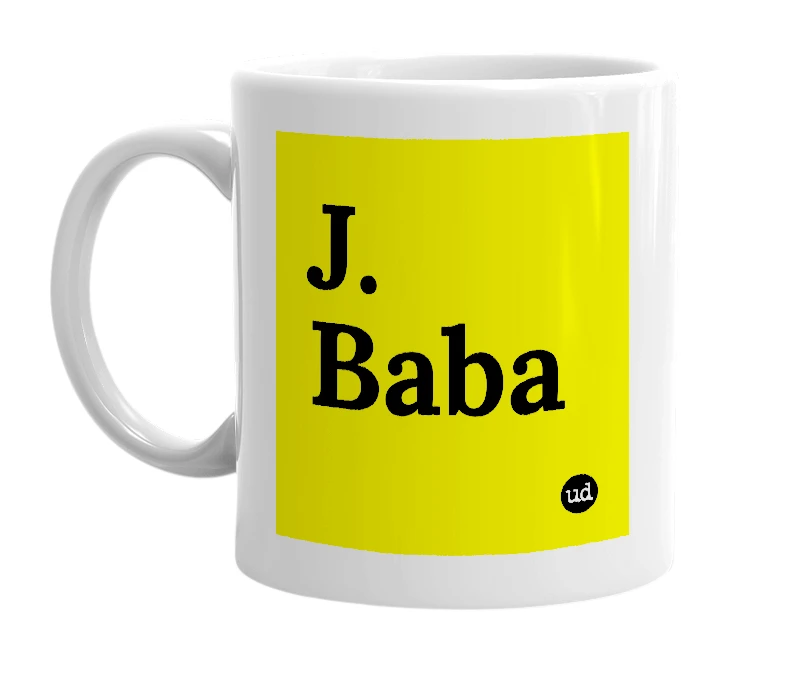 White mug with 'J. Baba' in bold black letters
