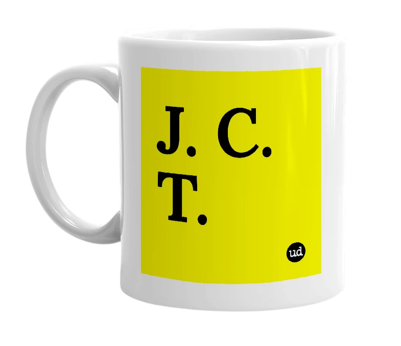 White mug with 'J. C. T.' in bold black letters