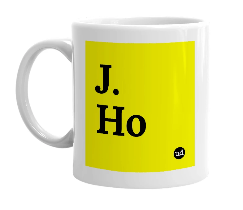 White mug with 'J. Ho' in bold black letters