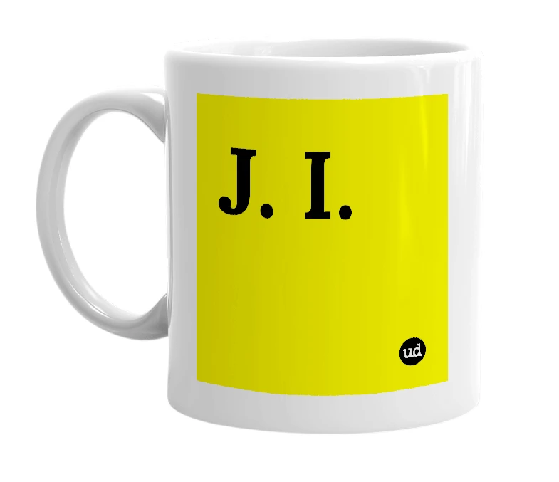 White mug with 'J. I.' in bold black letters