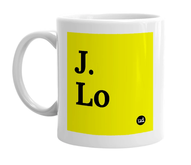 White mug with 'J. Lo' in bold black letters