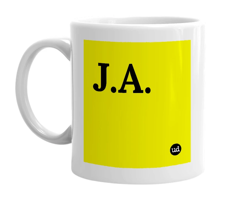 White mug with 'J.A.' in bold black letters