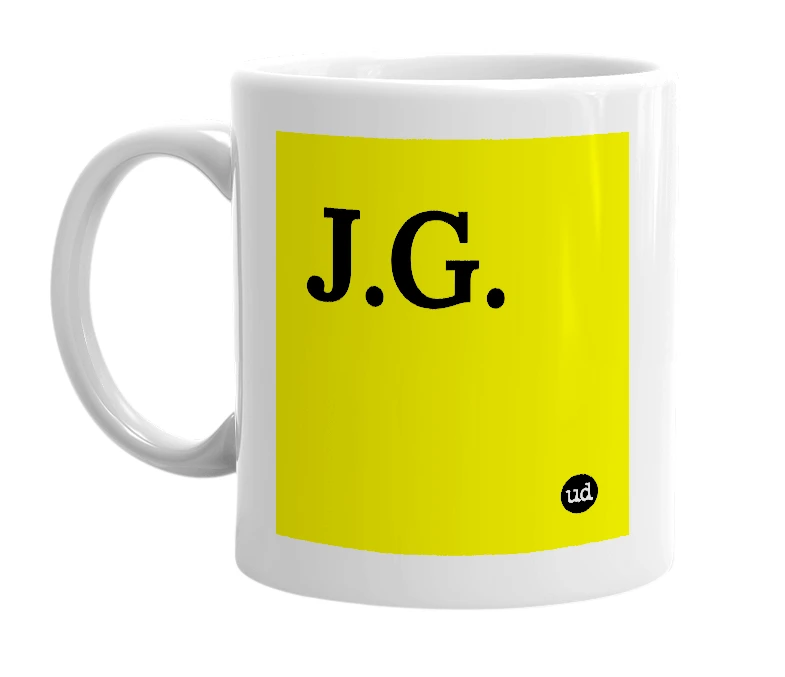 White mug with 'J.G.' in bold black letters