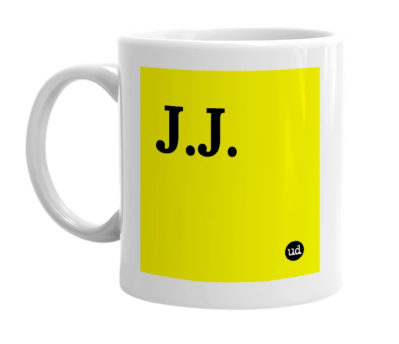 White mug with 'J.J.' in bold black letters