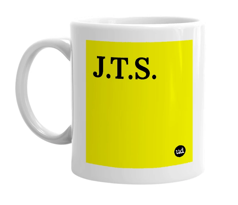 White mug with 'J.T.S.' in bold black letters