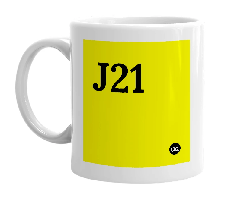 White mug with 'J21' in bold black letters